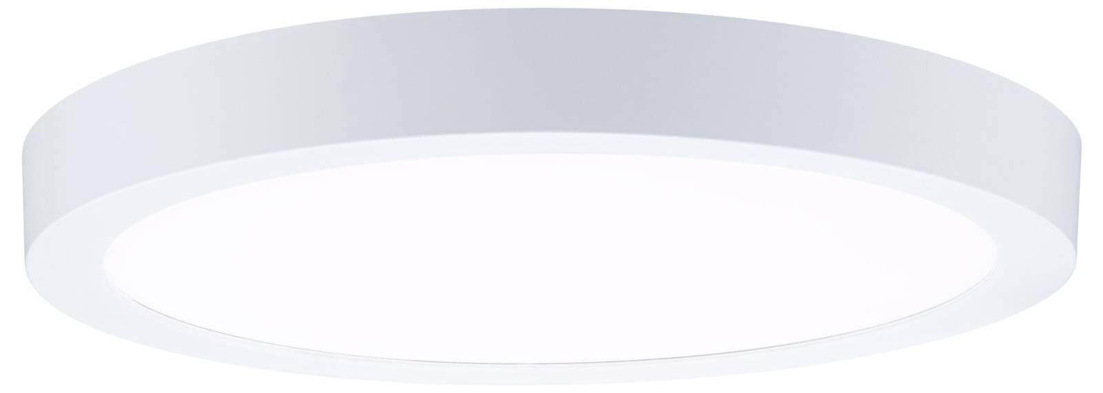 Hvidt rundt loftslampe med sølvgrå kant og lysende center på en enkel baggrund