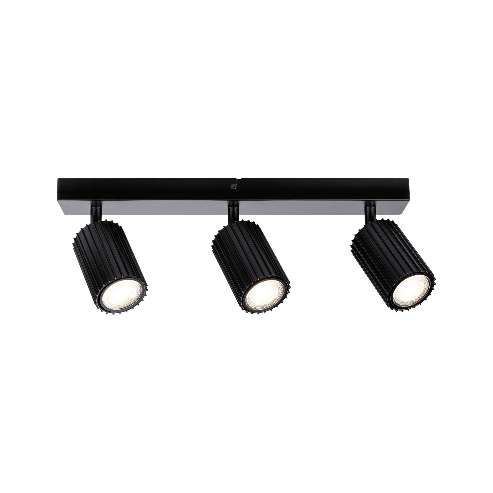 Sort trelyse loftspotlampe med justerbare cylindriske lamper på en rektangulær skinne.
