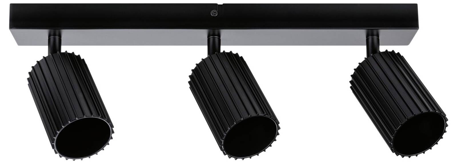 Sort tre-hoved-skinnelampe med justerbare cylindriske spotlamper monteret på en loftskinnemontering.