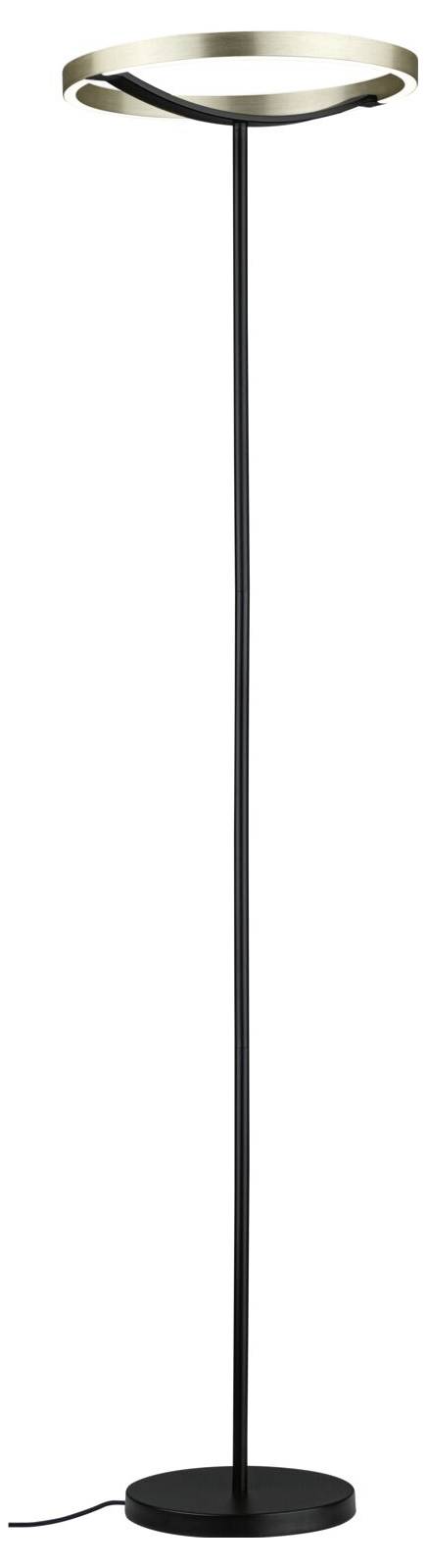 Moderne gulvlampe med en rund sort base, slank sort stilk og cirkulær guld-toned lysring i toppen.