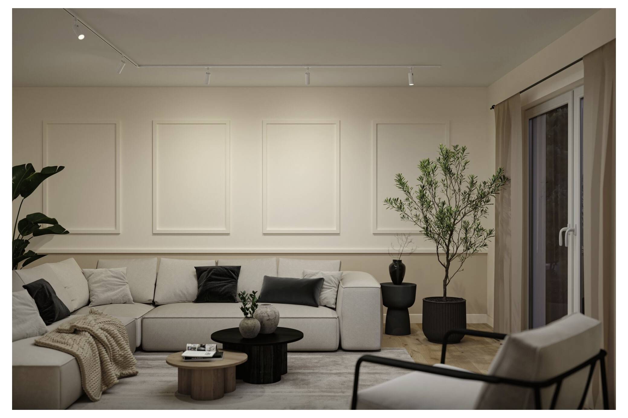 Fire moderne ringependellamper med sorte stilke og varmt glødende aurealer vist op ad en grå væg i et minimalistisk interiør.