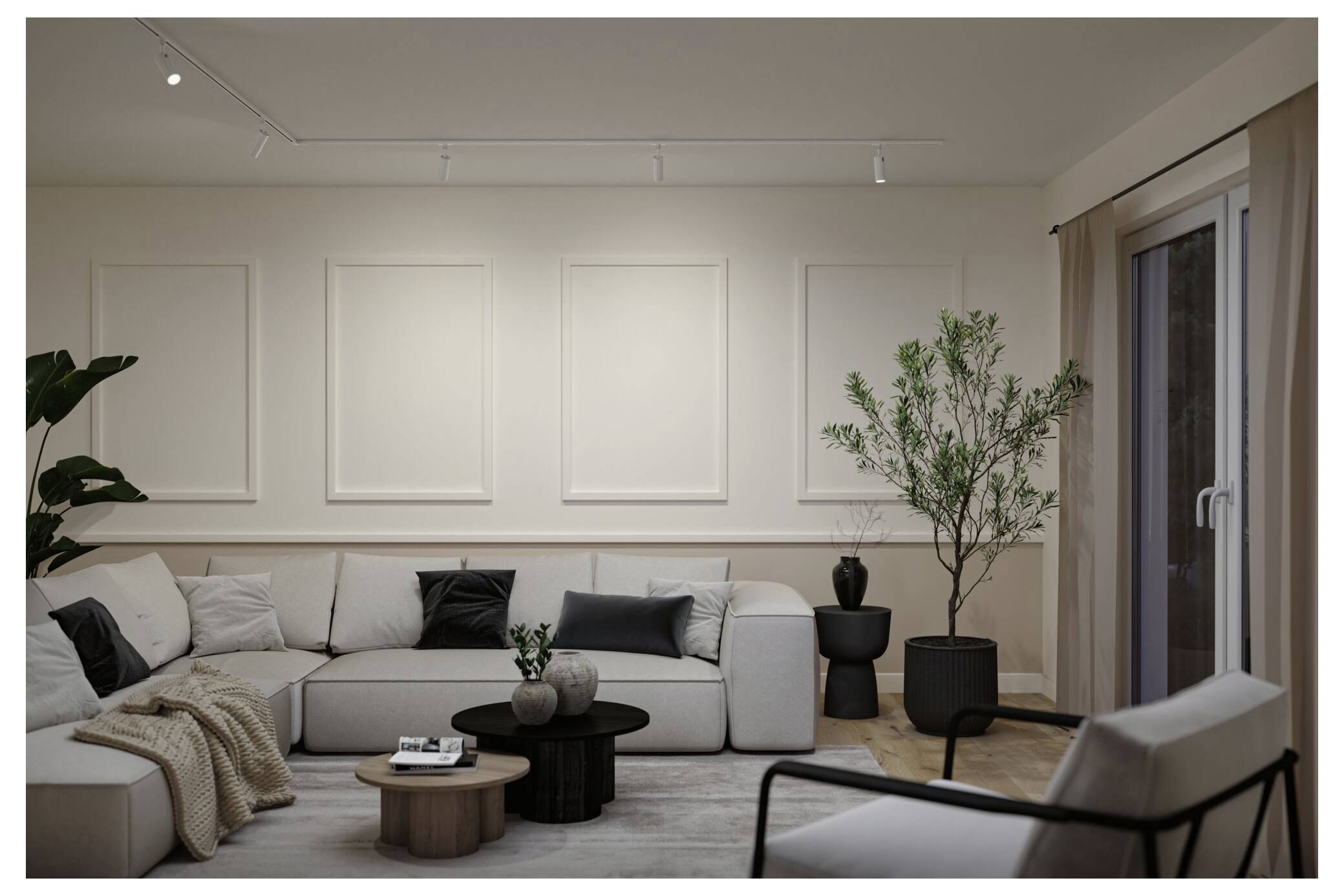 Minimalistisk moderne stue med let sofa, kaffeborde, pottet træ, vægpaneler og skydetdør af glas