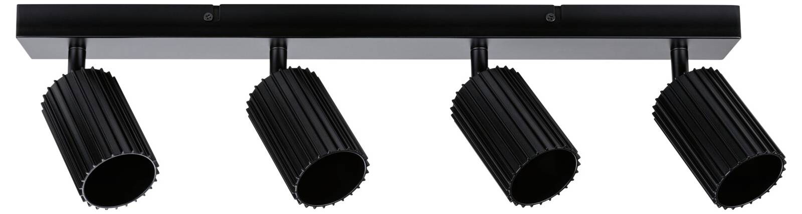 Sort fire-lys-sporskinnearmaturer med fire justerbare cylindriske spotlights monteret på en lige skinne.
