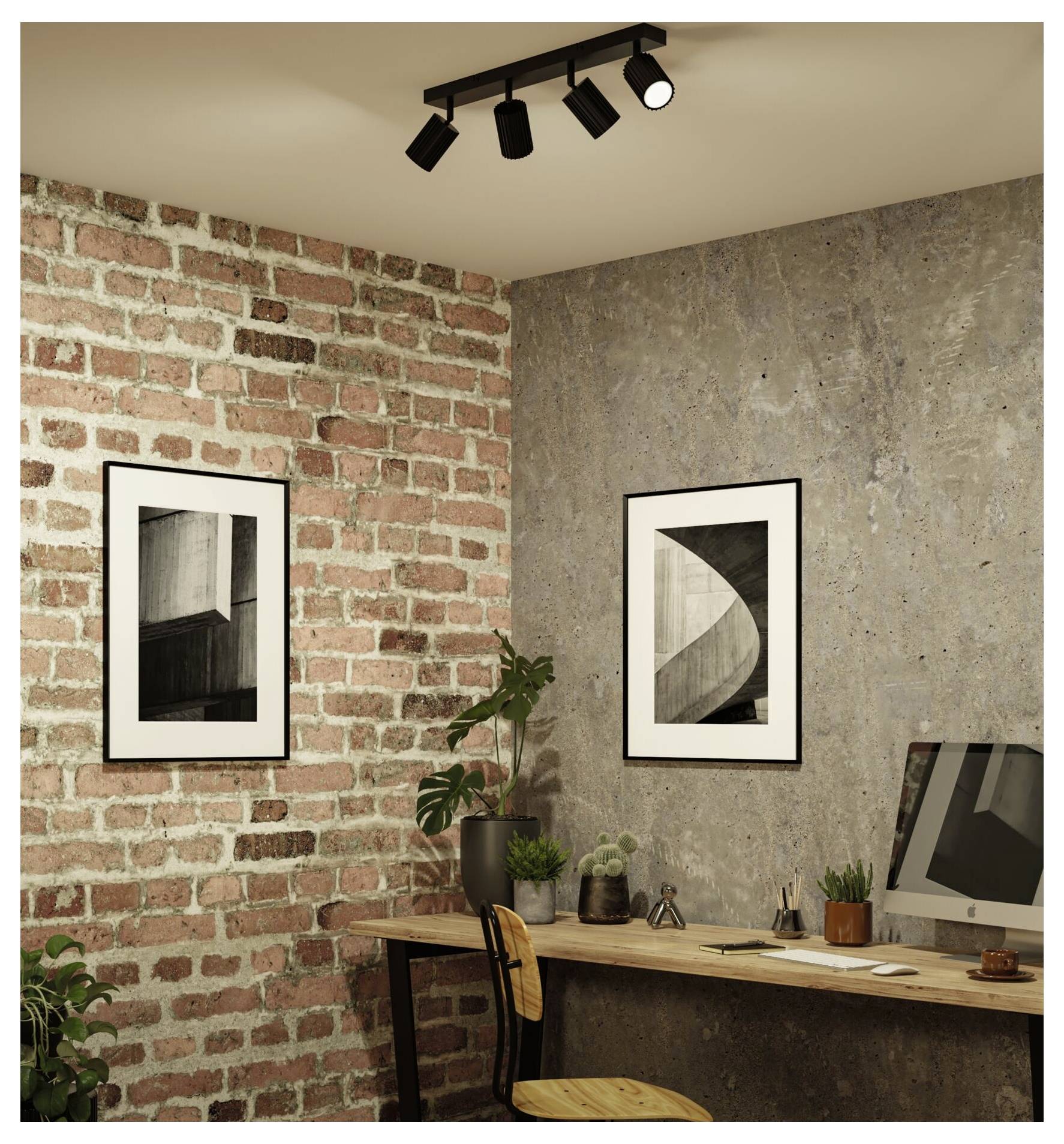 Modert hjemmekontor med eksponerede mursten og betonvægge, indrammet sort-hvide tryk, skrivebord af træ, stol, planter og loftsskinner med spotlights.
