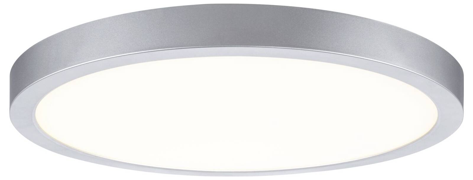 Rundt indbygningsmontet loftlampe med børstet sølvkant og matteret hvidt diffusor, vist tændt mod en hvid baggrund.