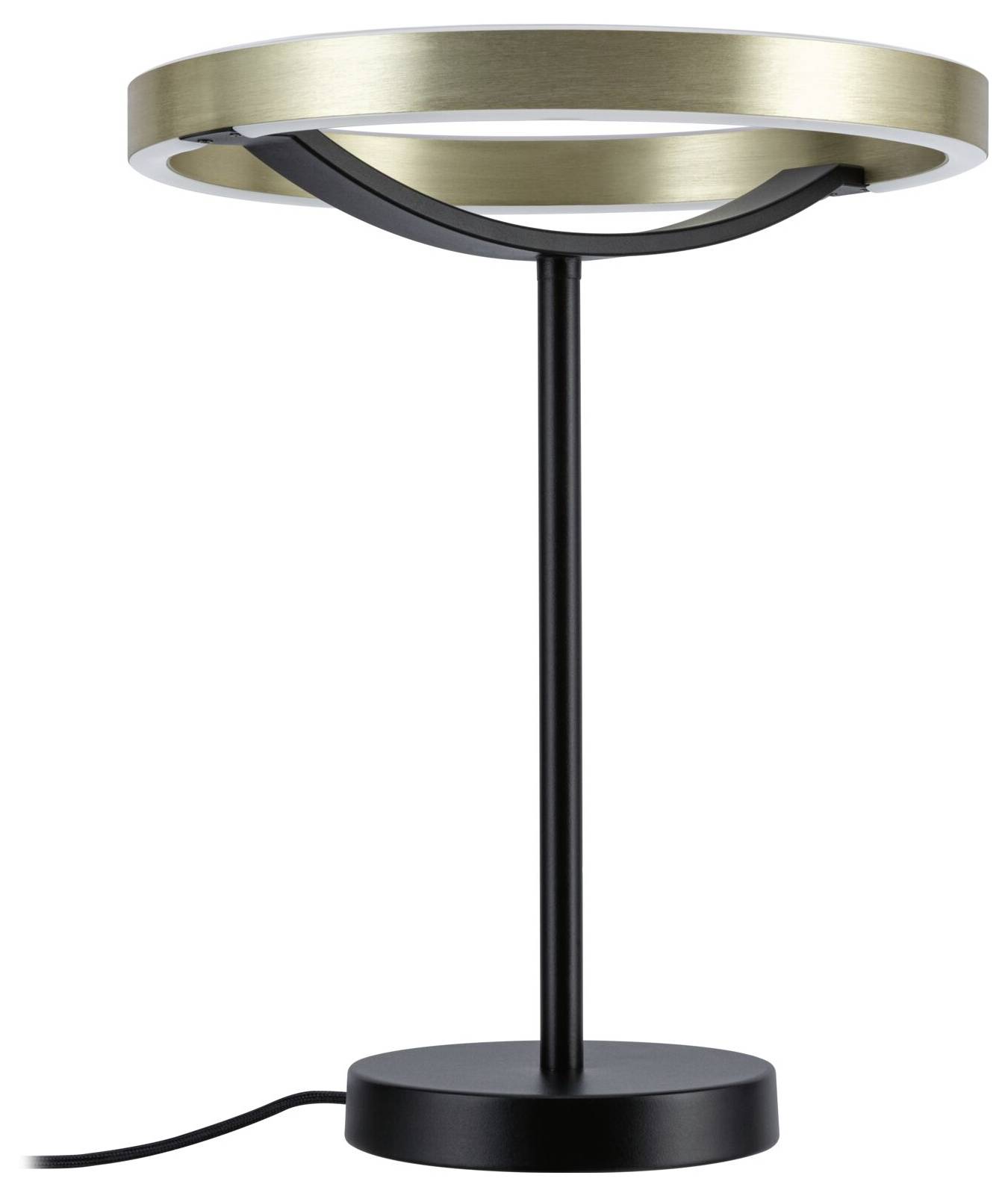 Moderne bordlampe med sort fod og stang, med en cirkulær børstet guldringtone på hvid baggrund.