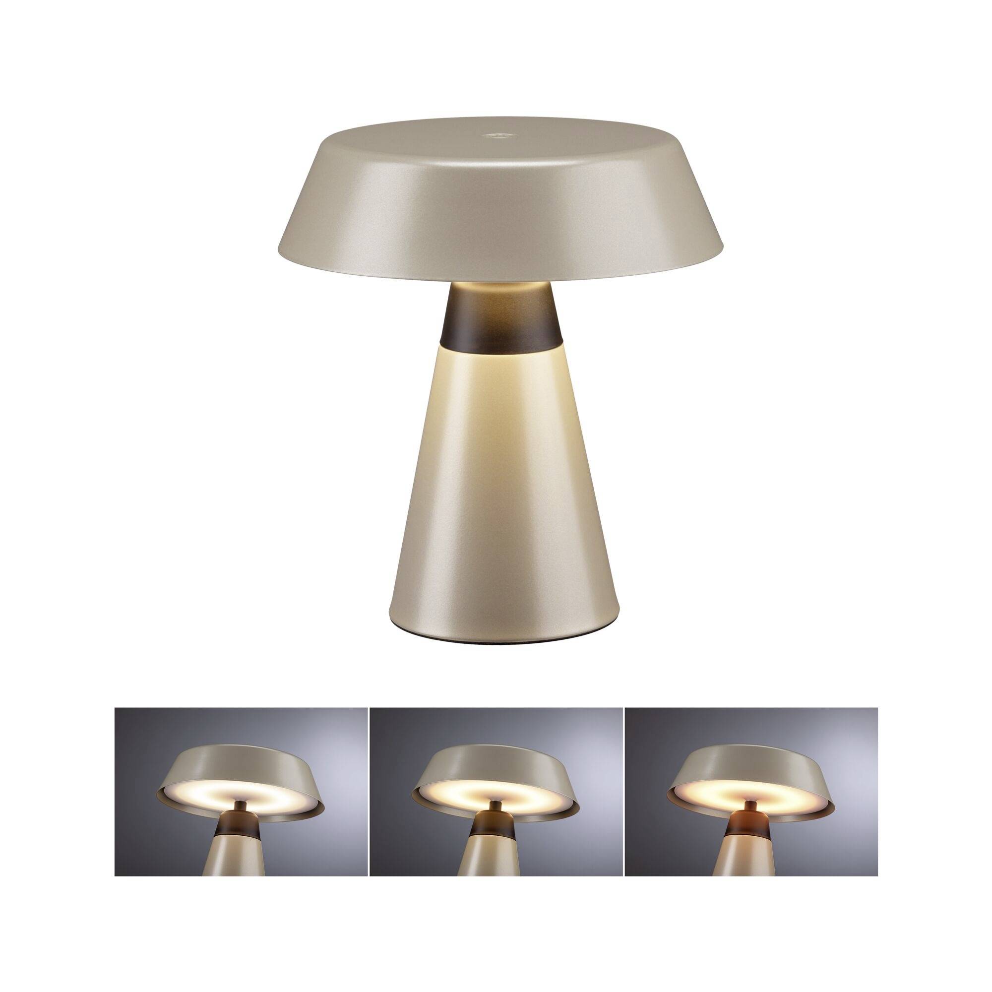 En moderne svampformet bordlampe i beige og brun, vist tændt i en hovedvisning med tre mindre fotos af dens glødende lysindstillinger.