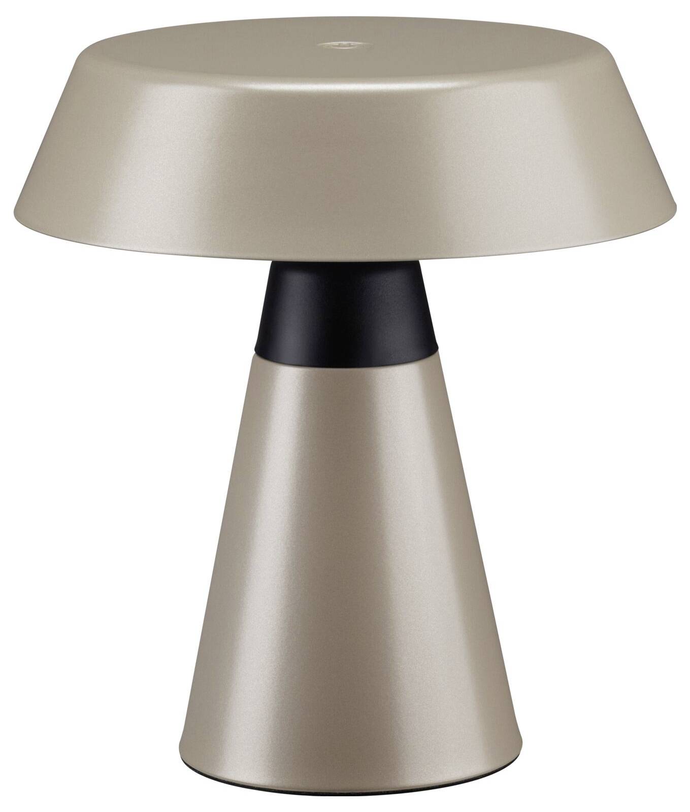 En moderne beigefarvet bordlampe med en bred trommeskærm og en kegleformet tilspidset sokkel, accentueret af et sort bånd under skærmen.