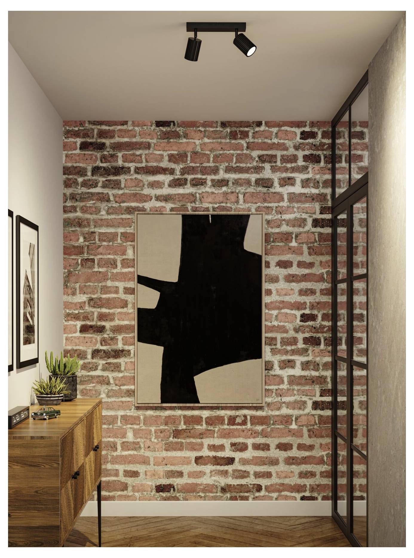 Moderne interiør med synlig mursten, abstrakt sort-og-beige vægkunst, træk med planter og sort rammet glaspanel.