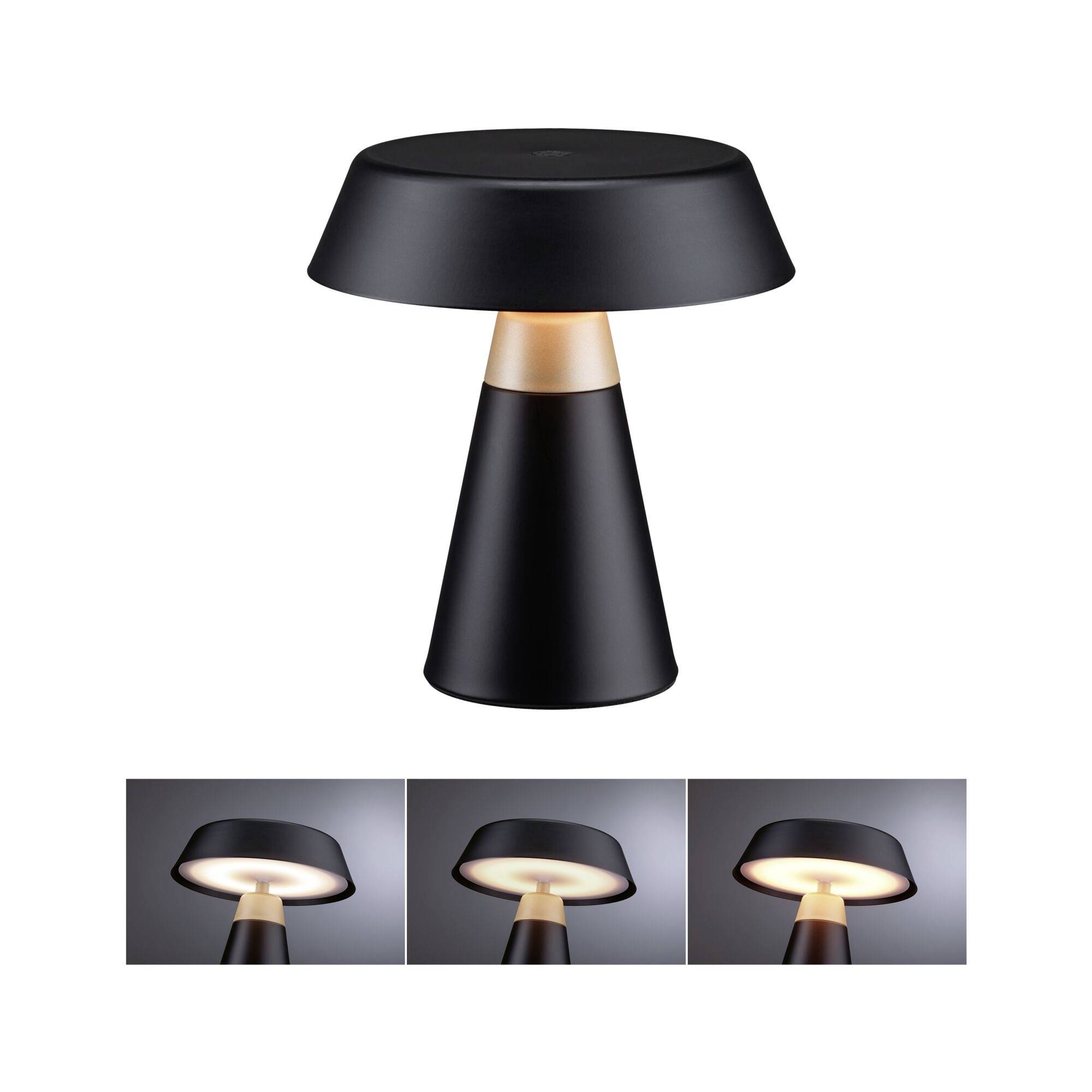 Sort moderne svampeformet bordlampe med guldaccent, vist ovenfor tre små lysvisninger, der illustrerer den tændt.