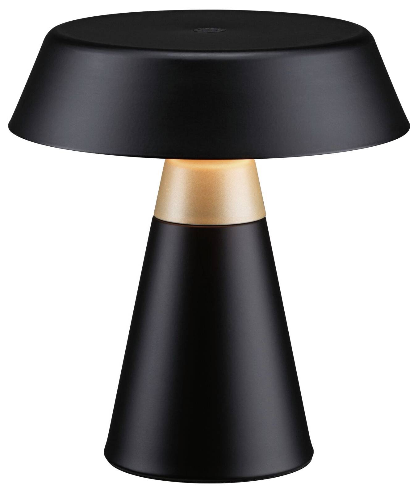 Moderne sort bordlampe med en bredt kupolformet skærm og tilspidset fod, der lyser varmt i midten.