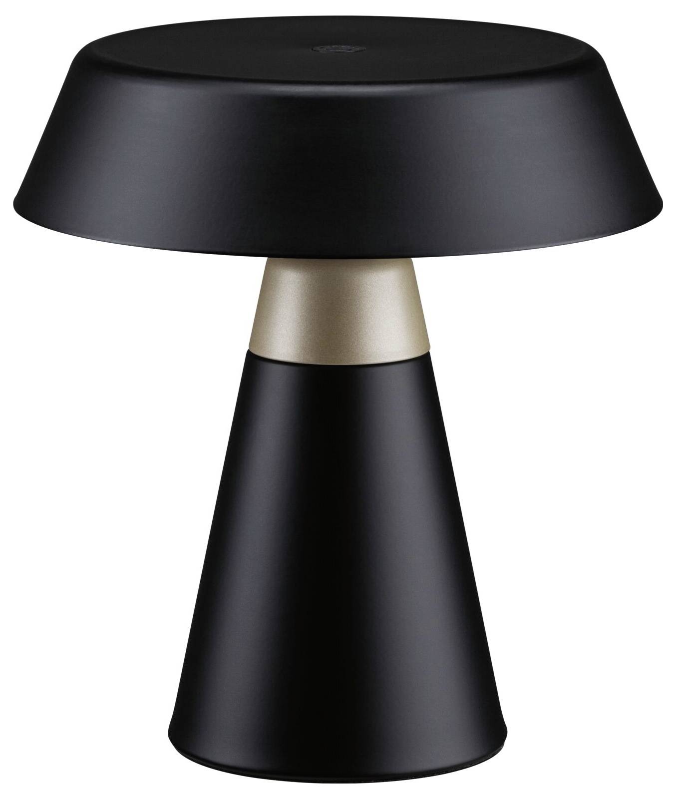 Moderne sort bordlampe med bred kupolformet skærm og tilspidset fod, accentueret af et metallisk guldband.