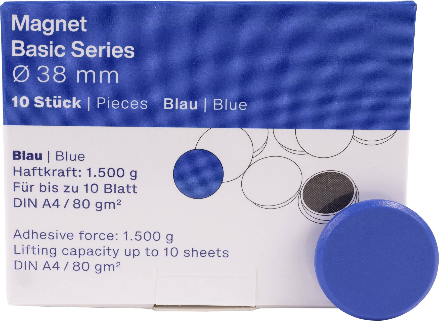 Blå magnetbox sæt mærket 'Magnet Basic Series Ø 38 mm', 10 stykker, med én blå magnet foran.