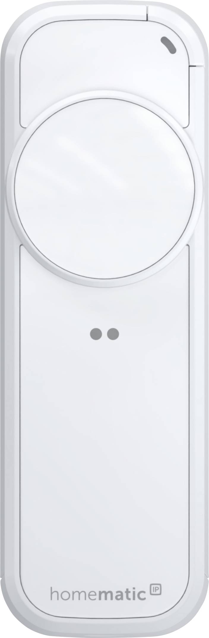 Hvid Homematic smart home-controller med en stor cirkulær drejeknap/knap og to små indikatorblinkinslys på en ensfarvet baggrund.