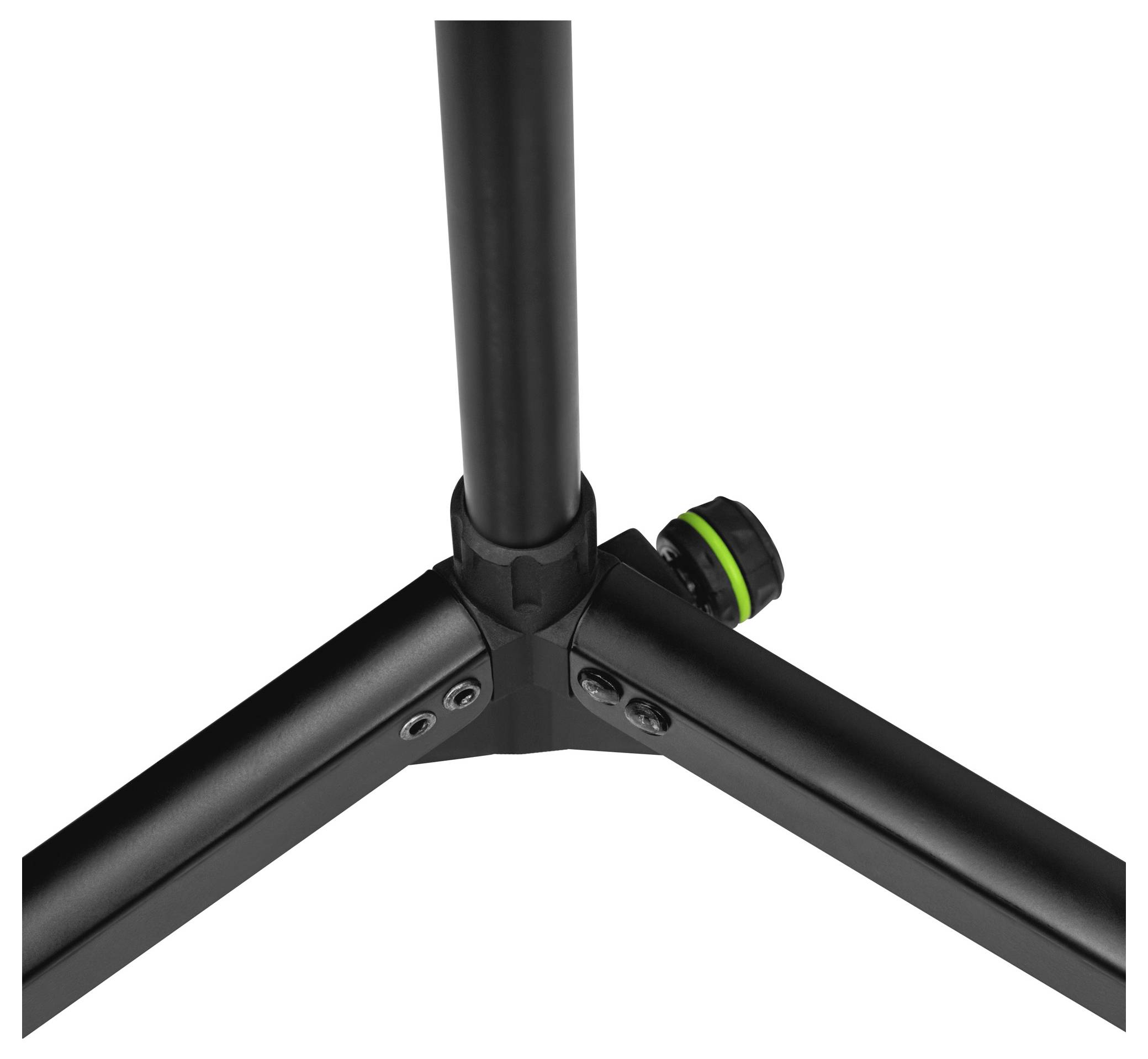 Nærbillede af et sort metaltripod-bensamling med tre rørformede ben, der mødes ved en central hub og en grøn-ring justeringsknap.