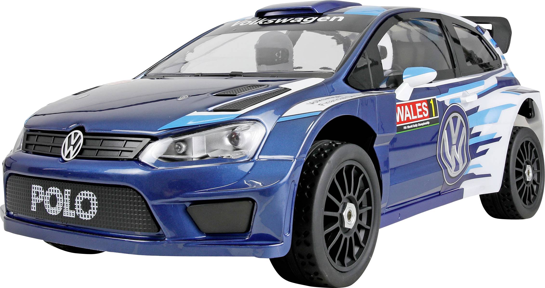 Blå Volkswagen Polo rallybil på hvid baggrund, vist fra forside-venstre med racingklistermærker, sorte hjul og 'POLO' på kølergitteret.