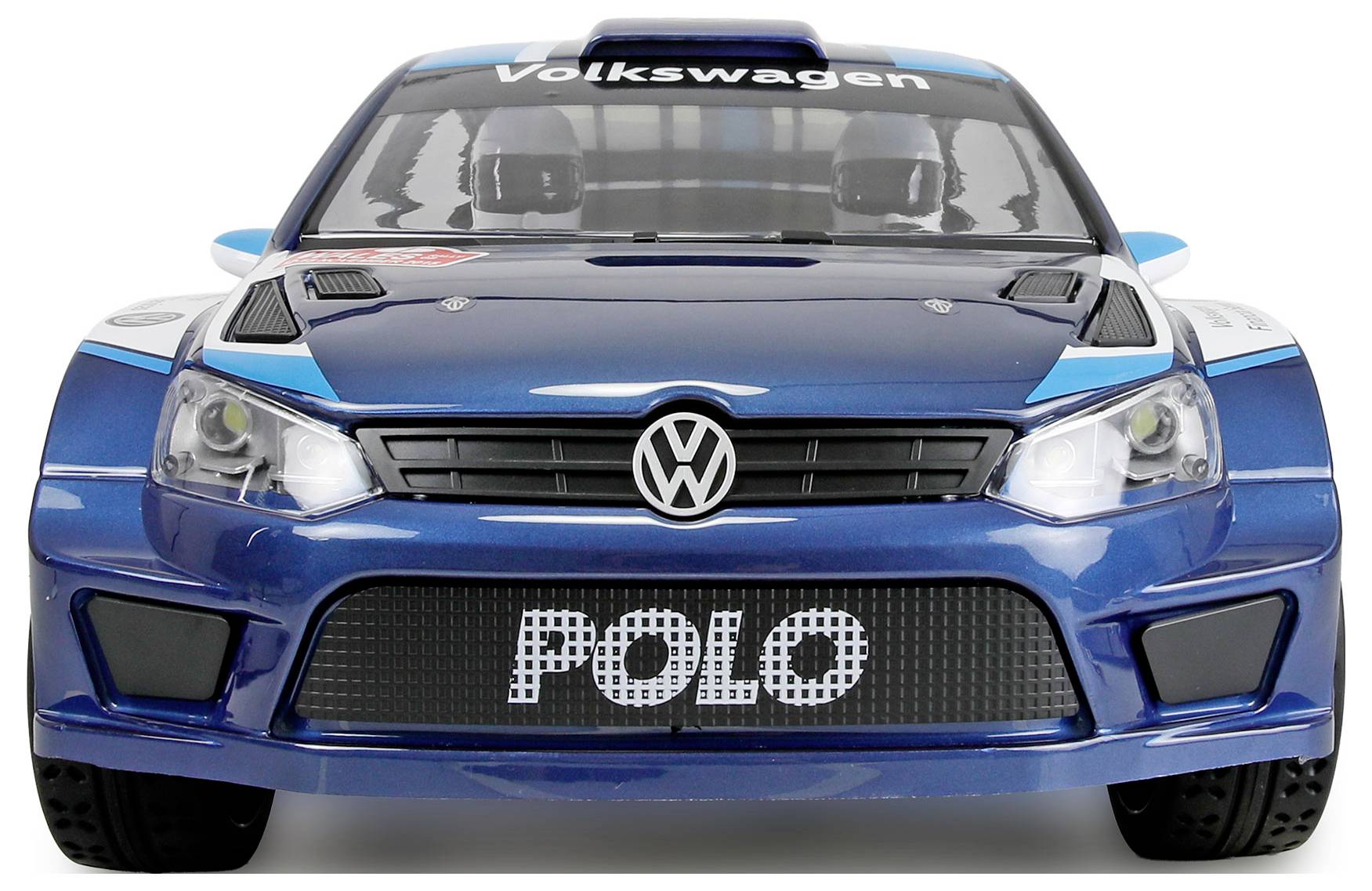 Frontvisning af en blå Volkswagen Polo-bil med Volkswagen-logo og "POLO" på kølergitteret.