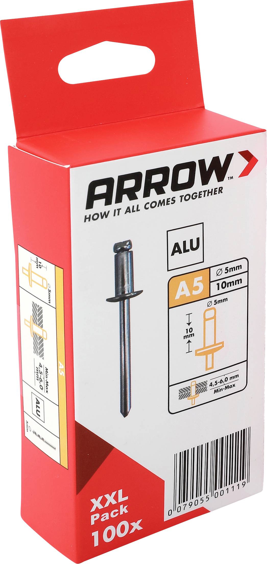 Red ARROW pakke af aluminum A5 blindnitter, mærket 'XXL Pack 100x' med produktdiagram og stregkode, vist på hvid baggrund.