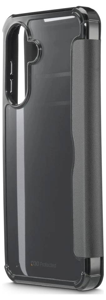 Sort smartphonecover med gennemsigtig bagside, hævet kameraluk og sidegreb, vist på en simpel lys baggrund.