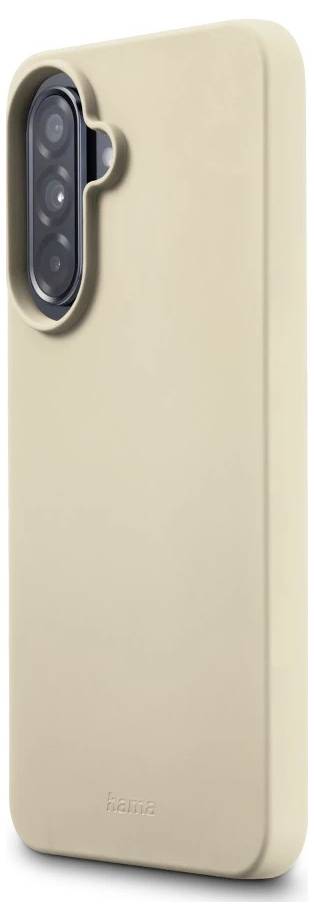 Beige iPhone-etui med udskæring til triple-kamera-modulet, vist bagfra på hvid baggrund.