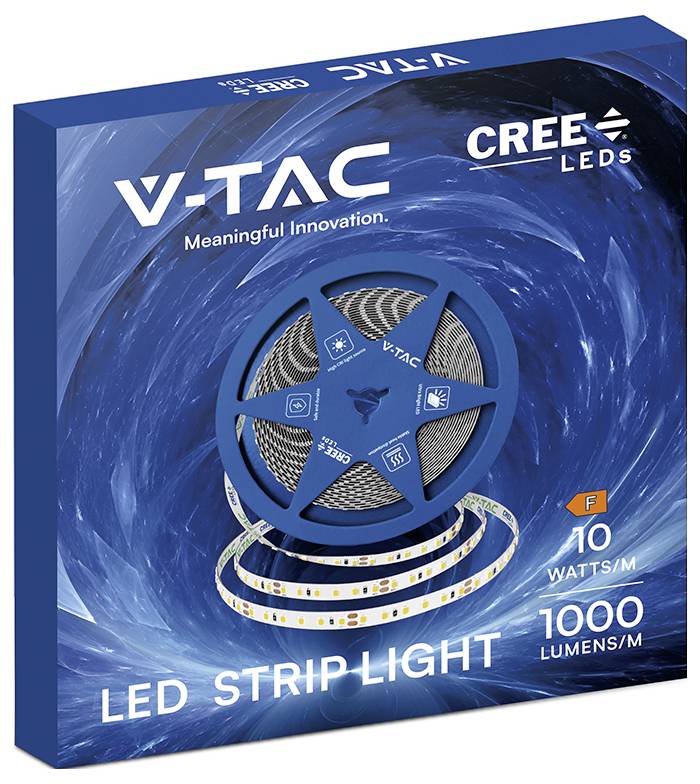 Emballage til VTAC CREE LEDs LED-stripelys, med en blå spole og etiketter "10 watt/m" og "1000 lumen/m".