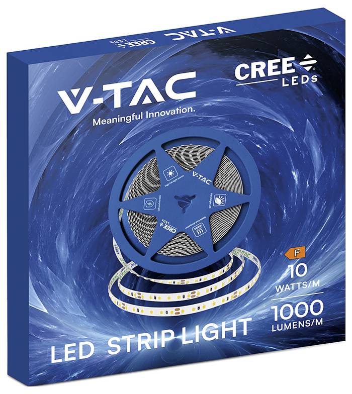 V-TAC LED R63-pære produktboks i blå, viser 806 lumen, 8,5W, 3000K varmhvidt lys og 60W ækvivalent med et energimærkningskort.