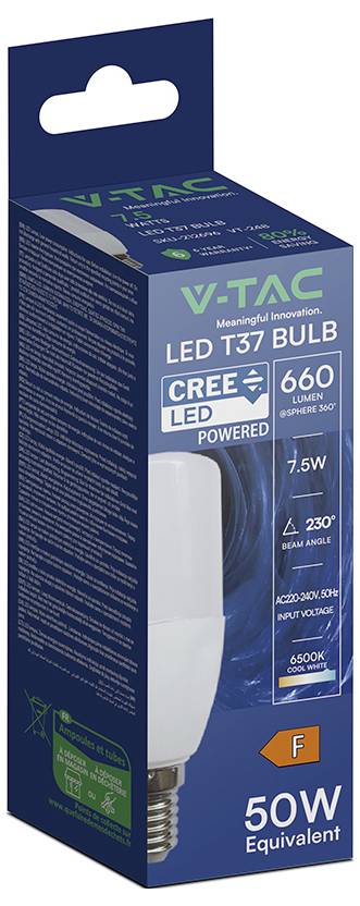 Emballage til en VTAC LED T37 pære, der viser 7,5W, 660 lumen, 230° strålingsvinkel, 6500K køligt hvidt lys og 50W-ækvivalent.