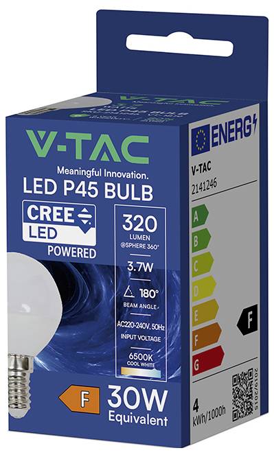 V-TAC V-TAC LED-pærepakke til en 3,7W, 320-lumen, 6500K koldt hvidt lys, viser 30W-ækvivalent og F energiklassificering.
