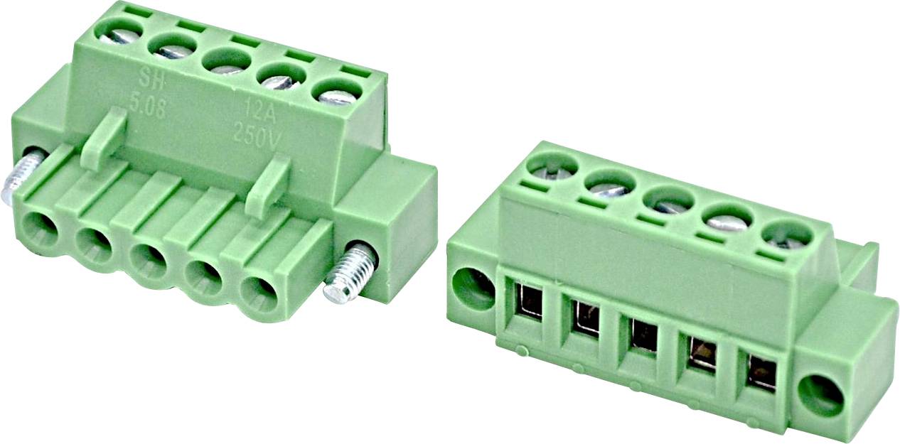 To skruer grønne klemrækker med multiple trådporte og monteringsskruer, vist på hvid baggrund.
