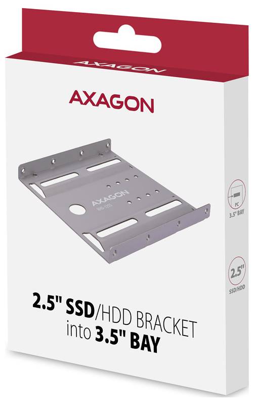 AXAGON 2,5" SSD/HDD beslag til montering i et 3,5" båse, vist på produktemballagen med metalbeslaget afbildet.