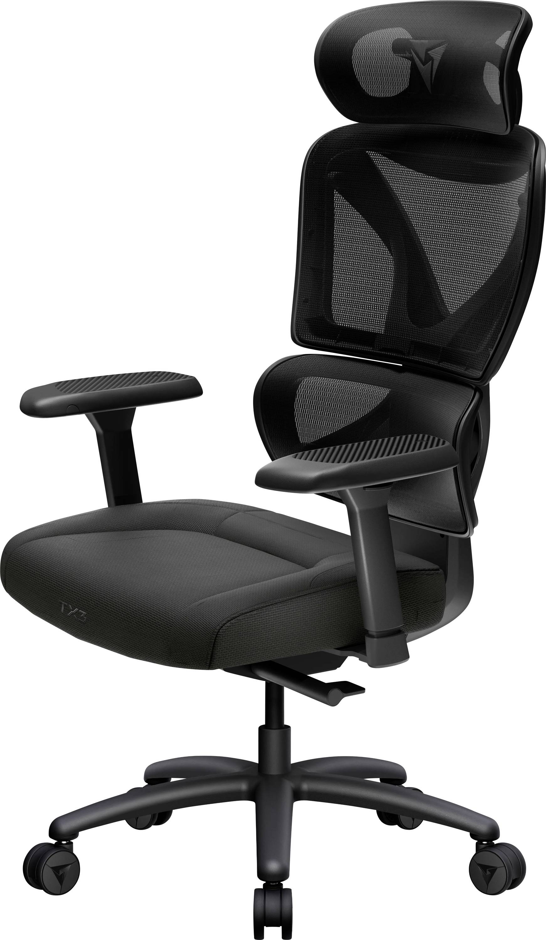 Sort ergonomisk kontorsstol med netryg, nakkestøtte, armlæn, polstret sæde og femhjulet base på hvid baggrund.