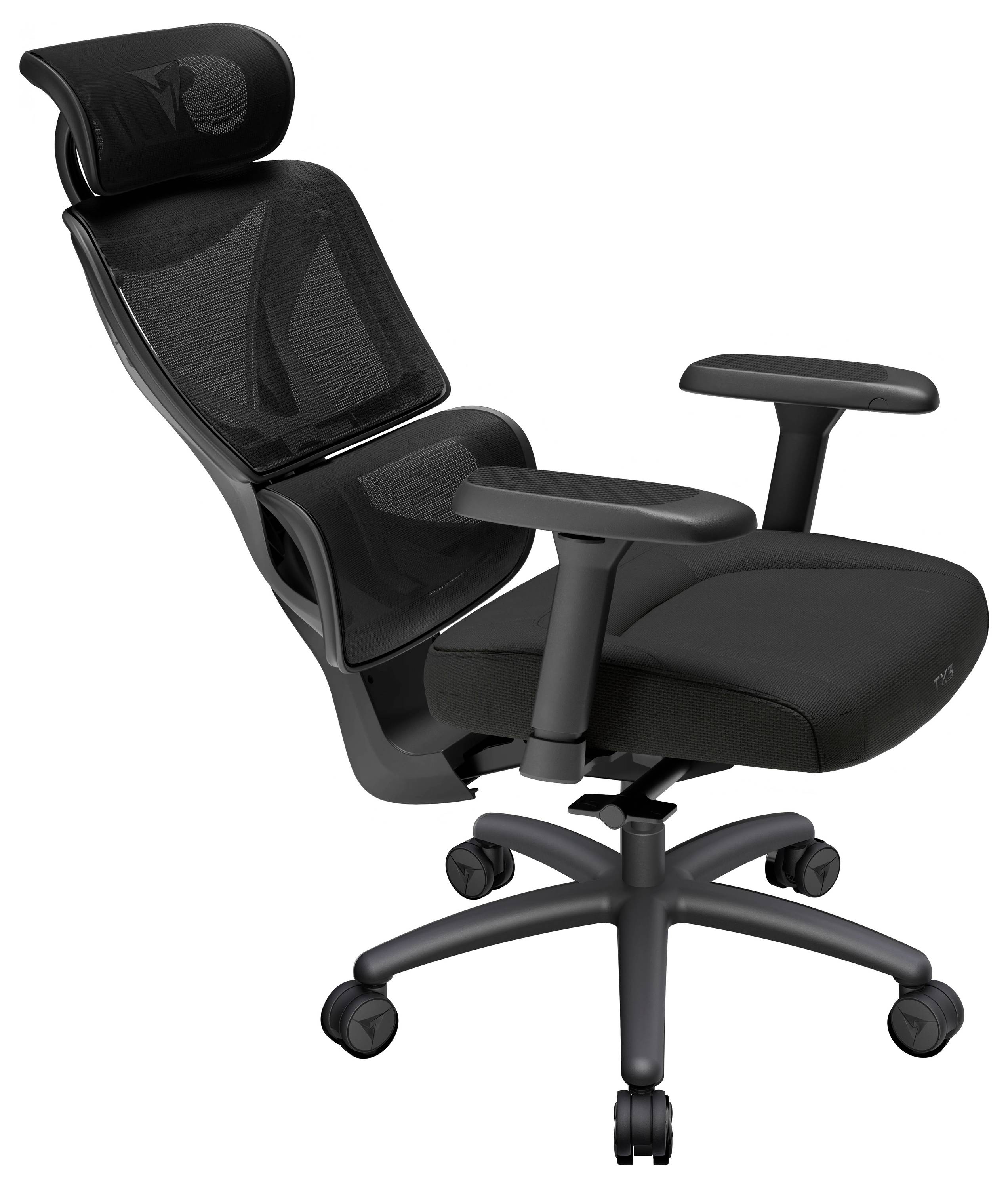 Sort ergonomisk kontorsstol med nakkestøtte, netryg, armlæn og femhjulet base på hvid baggrund.