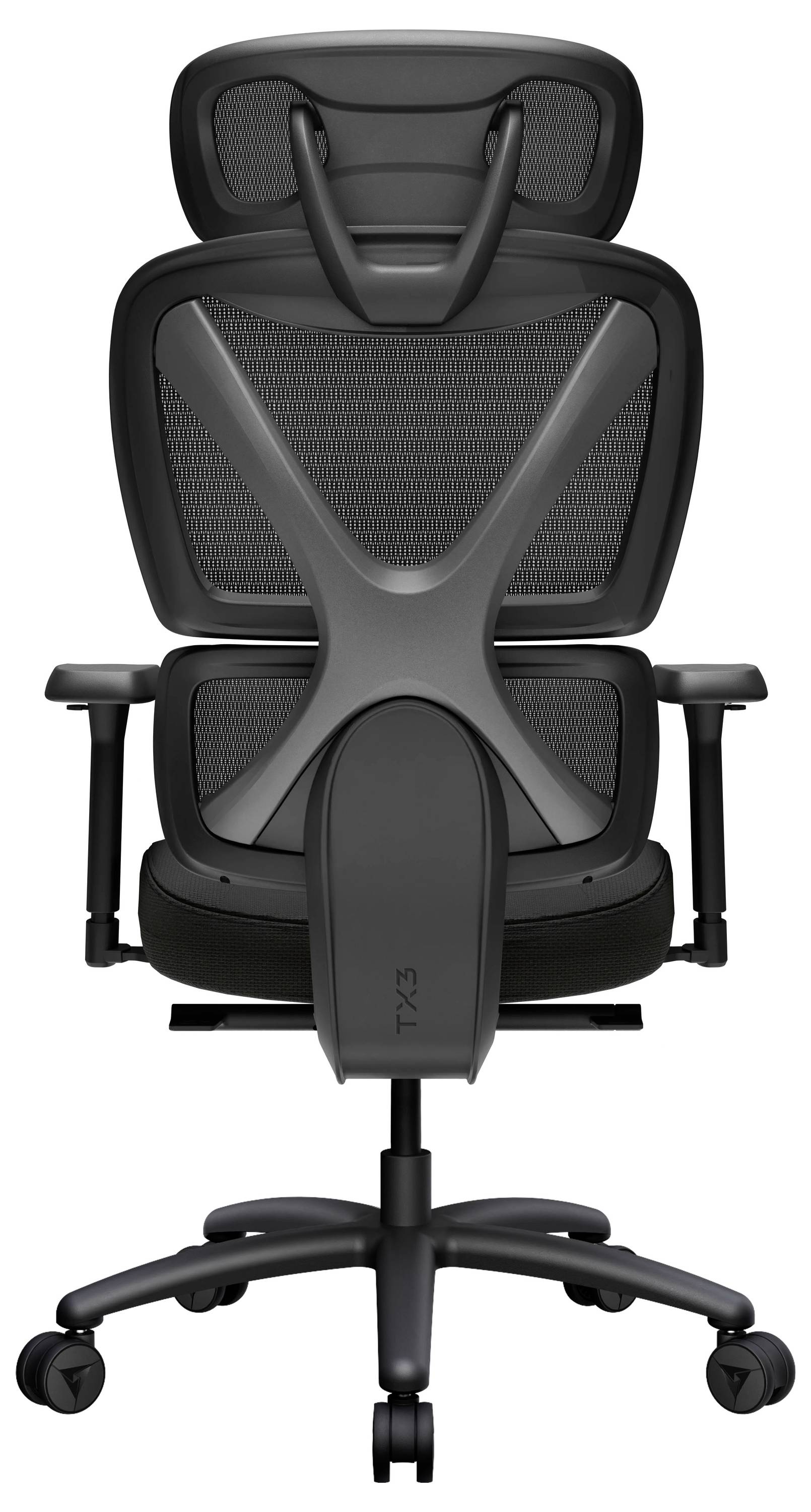 Sort ergonomisk kontorstol vist fra bagsiden med mesh-ryglæn, nakkestøtte, armlæn, lændestøtte og fem-hjulet base.