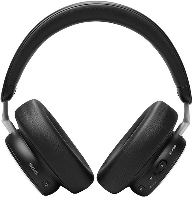 Sorte trådløse on-ear høretelefoner med polstrede ørekupler, indbyggede kontrolknapper og justerbar hovedbøjle på hvid baggrund