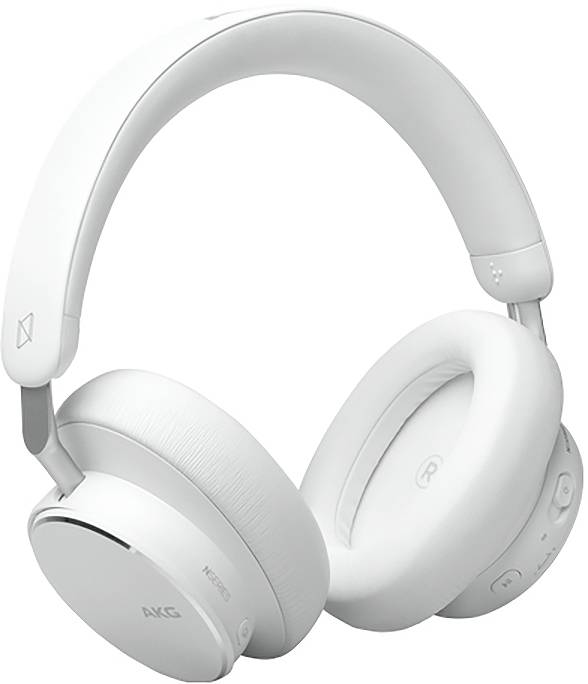 Hvide AKG trådløse øretelefoner med polstret ørekoblinger og justerbar hovedbøjle, vist på en neutral baggrund.