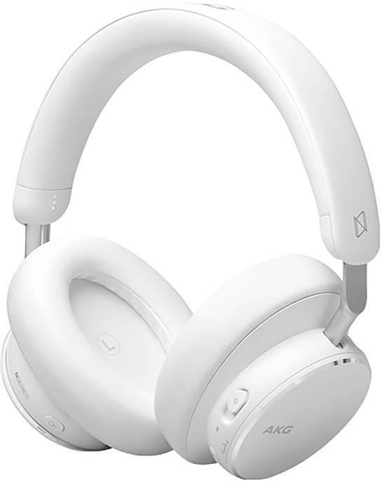 Hvide AKG trådløse øretelefoner over-ear vist i produktstil forfra på en ensfarvet baggrund.