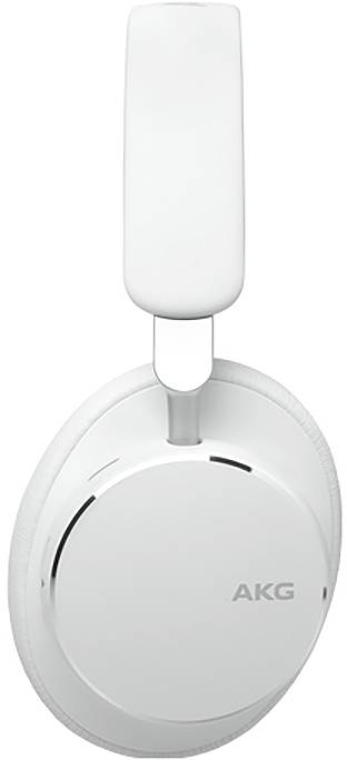 Hvide over-ear AKG-hovedtelefoner vist forfra på en ensfarvet baggrund.