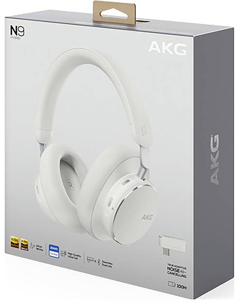 Produktkasse til AKG N9 høretelefoner, der viser hvide over-ear støjreducerende høretelefoner på forsiden med 'AKG' mærkning.