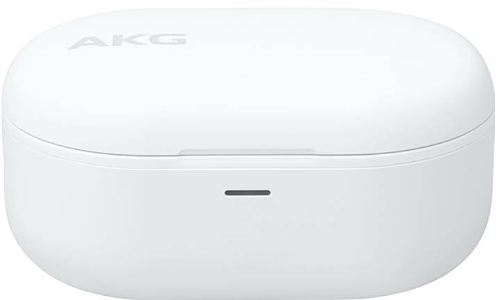 Hvidt AKG trådløst øretelefon-opladningsetui med et lille statuslys på forsiden og logo på låget.