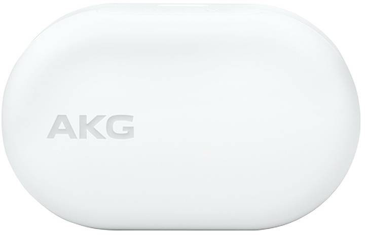 Hvidt ovalt AKG-øretelefon-opladningsetui med AKG-logoet på forsiden.