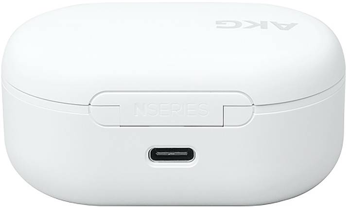 Hvidt ACG N-series opladningsetui med en frontal USB-C-port og præget logo på låget.