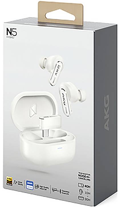 AKG N5 trådløse øretelefoner og opladningsetui i æske, som viser øretelefonerne og etuiet på hvid emballage med produktlogoer og funktionsikooner.