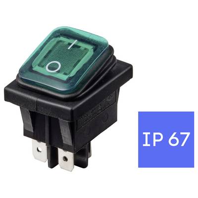 Sort vippekontakt med grønt oplyst top, mærket IP67 for vand- og støvmodstand.