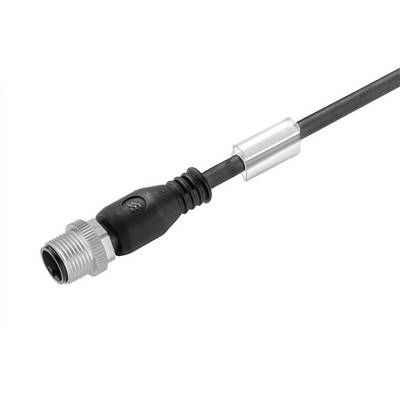 Nærbillede af et sort kabel med en gevindbelagt metalforbinder og transparent stressudligningshylse på hvid baggrund.