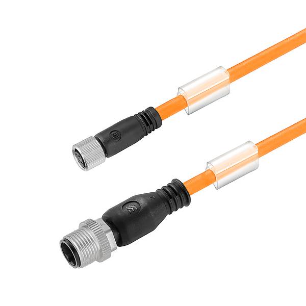 To orange kabler med sorte og sølvfarvede gevindforbindelser, vist på hvid baggrund.