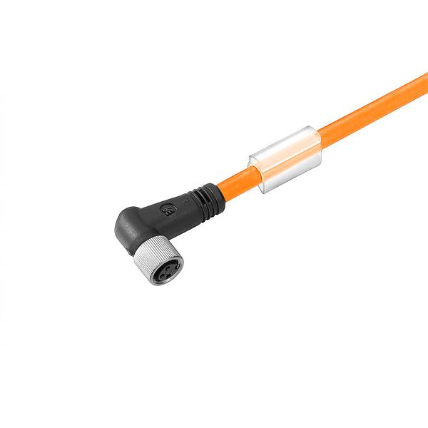 Orange kabel med højrevinklet sort stik og sølvfarvet gevindende ende på hvid baggrund.