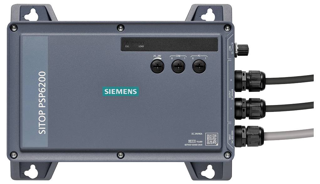 Siemens SITOP PSE200, en robust grå industriel strømforsyning eller overvågningsenhed med tre tilsluttede kabler på højre side.