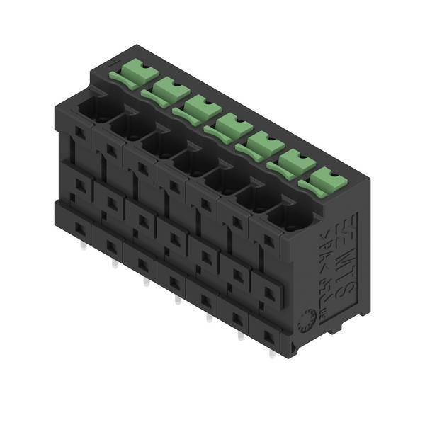 Sort elektrisk terminalblok med flere stikben og syv grønne trykkehendler, vist isoleret på hvid baggrund.
