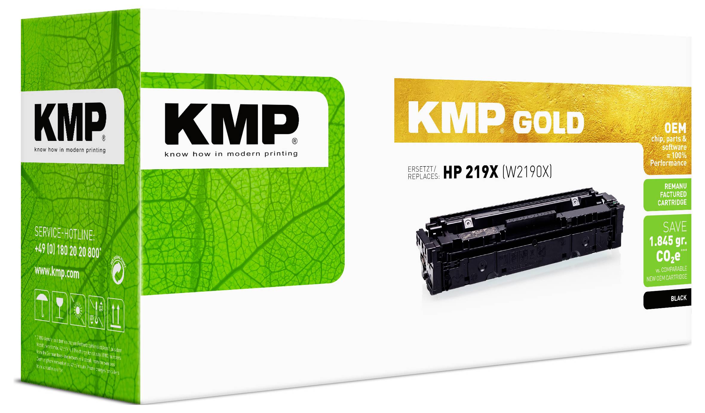 KMP Gold printertoner-patronboks til HP 219X, vist i grøn og hvid emballage med produktbillede og kompatibilitetstekst.