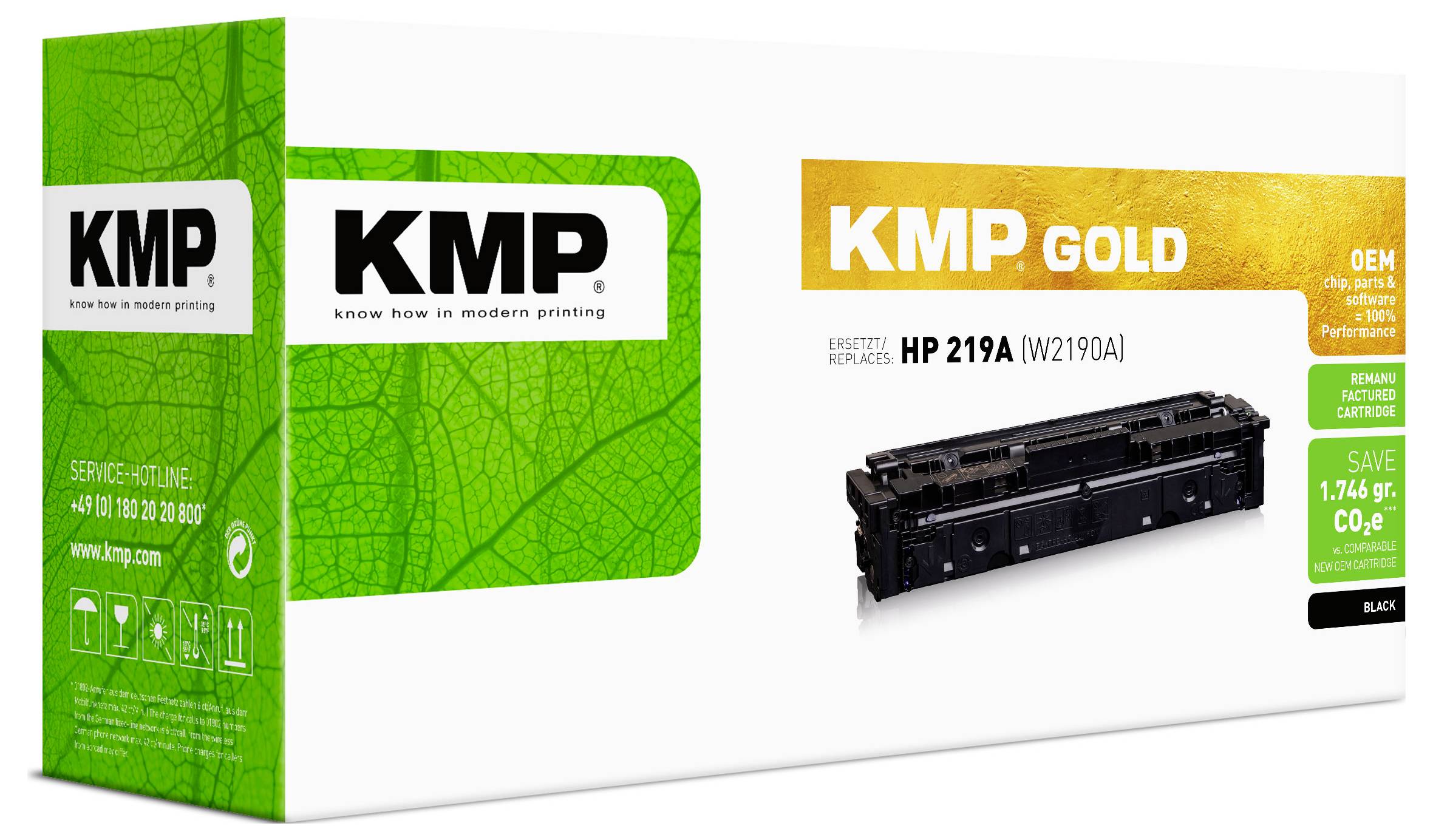 KMP Gold tonerkassette til HP 219A, sort, med produktbillede og grøn KMP mærkerings-emballage.